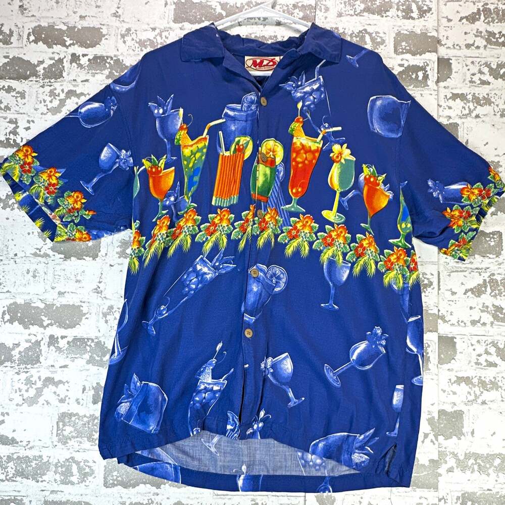 Malibu Dreams Shirt Mens Small Blue Cocktail Hawaiian Rayon Button Up Y2K